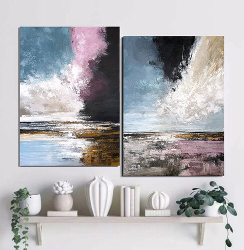 Crimson Sky Passage – Blue Pink Abstract Landscape Diptych Textured Acrylic Painting Tatiana Malinovscaia