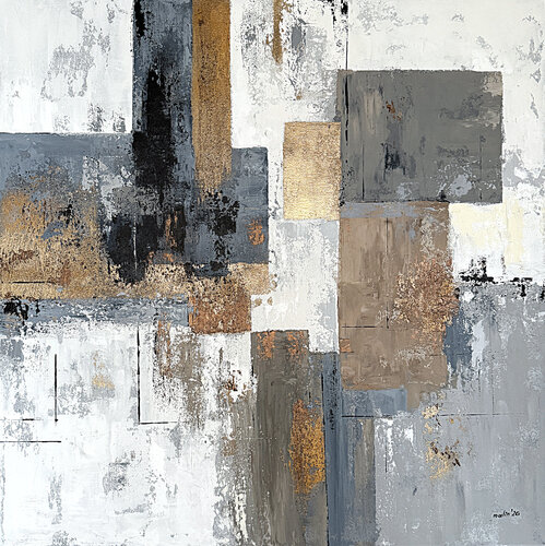 Golden Structure Field – Large Square Contemporary Abstract Painting 90x90 cm, Grey Beige Gold Textured Wall Art by Tatiana Malinovscaia, 油畫 for Sale on Singulart