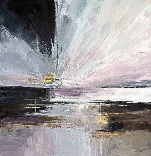 Luminous Breakpoint – Pink Gold Abstract Landscape Textured Acrylic Painting 80x80 cm Tatiana Malinovscaia