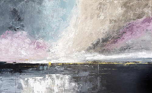 Golden Break of Dawn – Blue Pink Abstract Landscape Textured Acrylic Painting 120x70 cm par Tatiana Malinovscaia, Peinture en vente sur Singulart