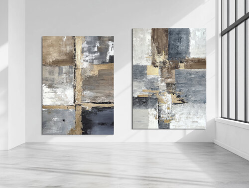 Fractured Light Diptych. Large Gold Neutral Beige Gray set diptych Contemporary Minimalist Artwork 140x100 cm Each by Tatiana Malinovscaia, 絵画 for Sale on Singulart