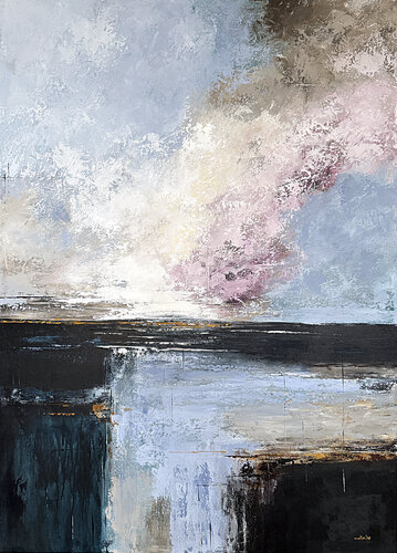 Violet Pink Sky Over Deep Waters– Large Contemporary Abstract Painting 120×85 cm, Blue Grey Purple Textured Wall Art by Tatiana Malinovscaia, 絵画 for Sale on Singulart