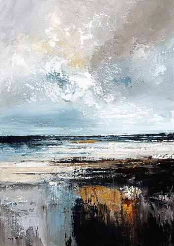 Light Breaking Over Deep Waters – Original Contemporary Abstract Painting, Textured Grey White Acrylic Art by Tatiana Malinovscaia, Painting for Sale on Singulart