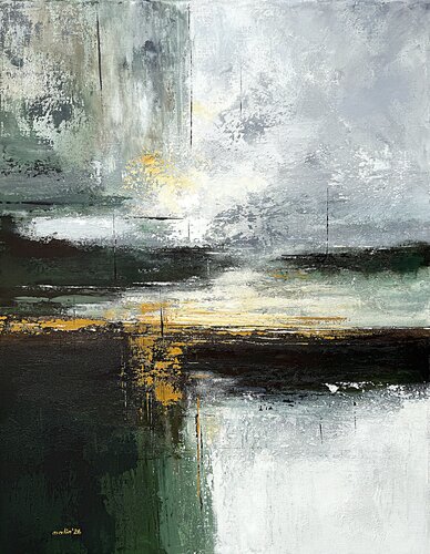 Ochre Light Across Green Depths-Green Beige Abstract Painting, Modern Neutral Wall Art, Ochre Accents, Textured Acrylic Canvas, Contemporary Artwork 70x90 cm by Tatiana Malinovscaia, Painting for Sale on Singulart