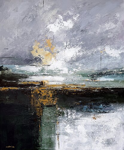 Blue Green Abstract Seascape Painting on Linen Canvas, Modern Neutral Wall Art, Ochre Accents, Textured Acrylic Artwork 76x90 cm by Tatiana Malinovscaia, Painting for Sale on Singulart