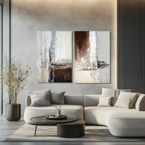 Fragments of Warm Stillness-Large Neutral Abstract Diptych Painting Set, Beige Brown Modern Wall Art, Textured Acrylic Canvas Diptych 2x120x80 cm by Tatiana Malinovscaia, Painting for Sale on Singulart