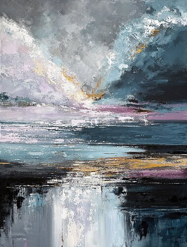 Where Silver Sky Meets Violet Water– Large Blue Purple Abstract Seascape Painting 120x90 cm, Modern Textured Wall Art, Neutral Acrylic Canvas with Ochre Accents par Tatiana Malinovscaia, Peinture en vente sur Singulart