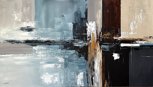 Still Waters Beneath Pale Light – Large Teal and Brown Abstract Painting, Textured Acrylic on Canvas par Tatiana Malinovscaia, Peinture en vente sur Singulart