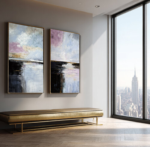 Where Light Begins to Gather– Large SET Contemporary Abstract, Blue Grey Purple Textured Wall Art de Tatiana Malinovscaia, Pintura a la venta en Singulart