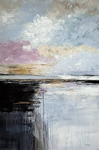 Light Falling Beyond the Water- 120×80 cm, Blue Grey Pink Purple Textured Wall Art van Tatiana Malinovscaia, Schilderij te koop op Singulart