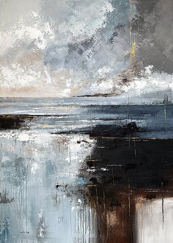 Where Silver Skies Meet Firelight-seascape di Tatiana Malinovscaia, Pittura in vendita su Singulart