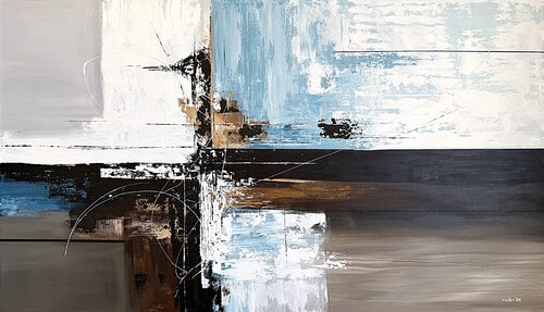 Crossing Through Pale Distance – Large Teal and Brown Abstract Painting, Textured Acrylic on Canvas di Tatiana Malinovscaia, Pittura in vendita su Singulart