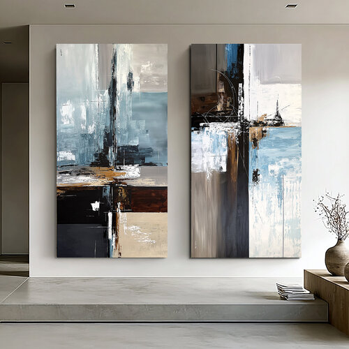 Oceanic Geometry: Tidal Axis set – Large Teal and Brown Abstract Painting, Textured Acrylic on Canvas van Tatiana Malinovscaia, Schilderij te koop op Singulart