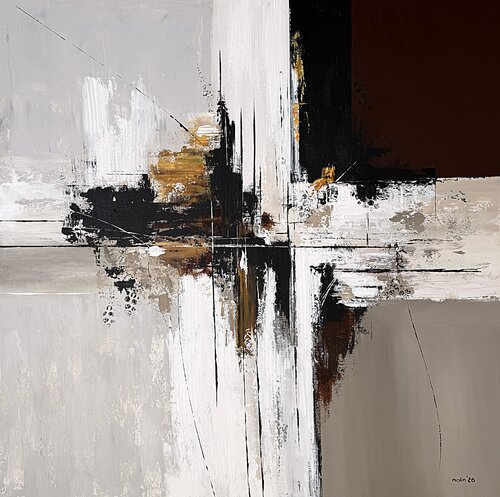 Convergence of Light-Neutral Abstract Painting 85x85 cm, Modern Textured Acrylic Wall Art in Black, White and Ochre de Tatiana Malinovscaia, Pintura a la venta en Singulart