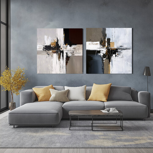 Confluence of Forms –Neutral Abstract Diptych 85x85 cm Each, Black White Ochre Acrylic Paintings, Contemporary Wall Art by Tatiana Malinovscaia, Painting for Sale on Singulart