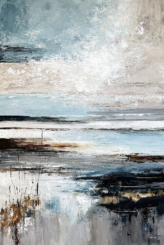 Silver Tide Awakening- Large Coastal Abstract Painting 120x80 cm, Blue Gray Textured Acrylic Wall Art de Tatiana Malinovscaia, Pintura a la venta en Singulart