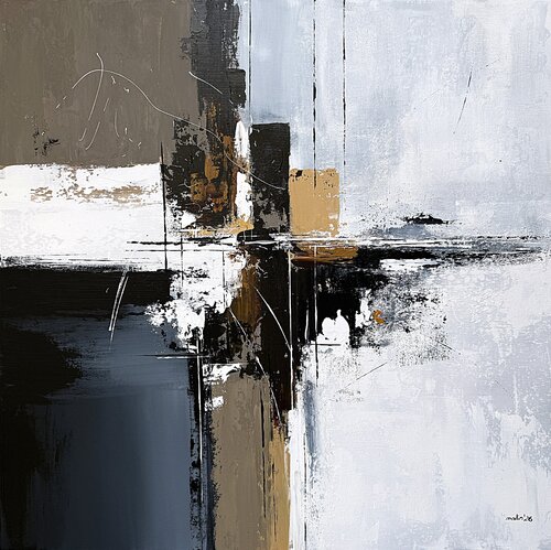 Axis of Still Waters– Neutral Abstract Painting 85x85 cm, Black White Ochre Contemporary Acrylic Wall Art by Tatiana Malinovscaia, Painting for Sale on Singulart