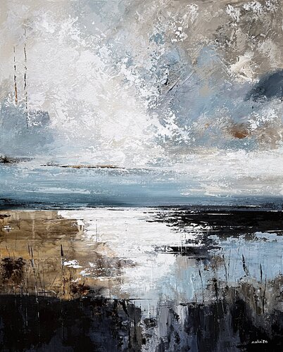 Where Light Returns-Large Coastal Abstract Painting 100x80 cm | Blue Gray Neutral Acrylic Artwork de Tatiana Malinovscaia, Pintura a la venta en Singulart