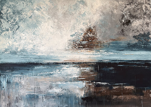 Tides of Illumination- Large Coastal Abstract Painting 140x100 cm | Blue Gray Ochre Contemporary Artwork von Tatiana Malinovscaia, Malerei kaufen auf Singulart