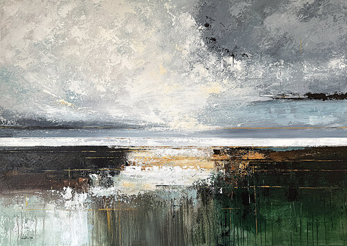 Verdant Radiance | Green and Gold Coastal Abstract Painting 140x100 cm von Tatiana Malinovscaia, Malerei kaufen auf Singulart