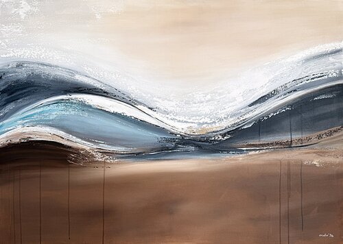 Golden Drift of Silence – Contemporary Abstract Painting, Large Coastal  120x85 cm | Beige Blue Gold Wave Artwork Tatiana Malinovscaia
