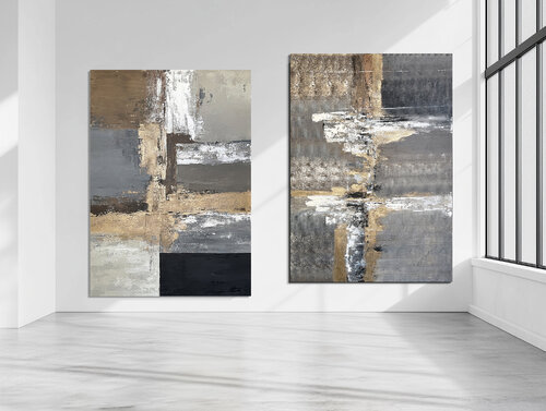 Golden Axis -Large Neutral Abstract Diptych 200x140 cm | Gold Gray Beige Contemporary Wall Art von Tatiana Malinovscaia, Malerei kaufen auf Singulart