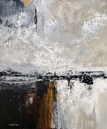 Silent Meridian– Neutral Abstract Landscape Painting  | Gray Beige Contemporary Wall Art di Tatiana Malinovscaia, Pittura in vendita su Singulart