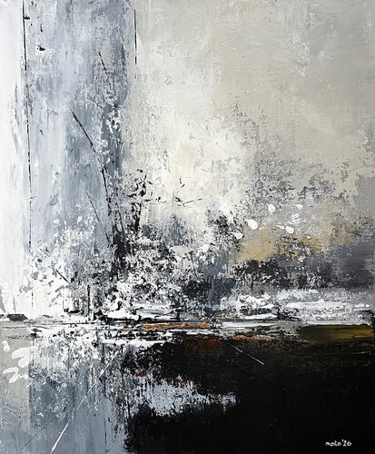 Neutral Abstract Painting 56x68 cm | Contemporary Black White Beige Textured Wall Art-Veil of Quiet Horizons von Tatiana Malinovscaia, Malerei kaufen auf Singulart