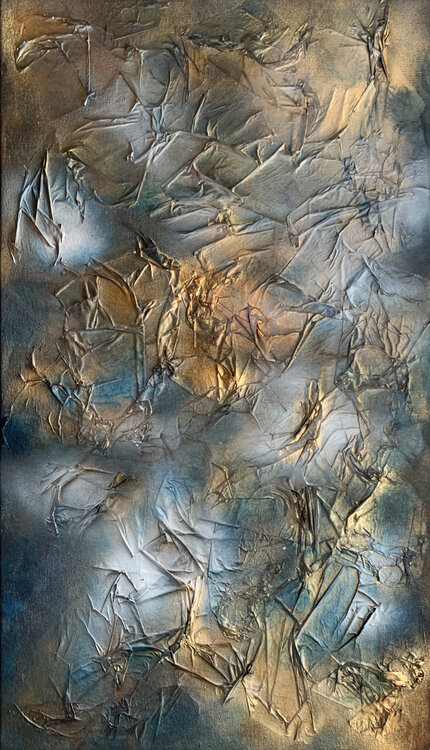Indigo and gold texture painting, white clouds. Tatiana Malinovscaia