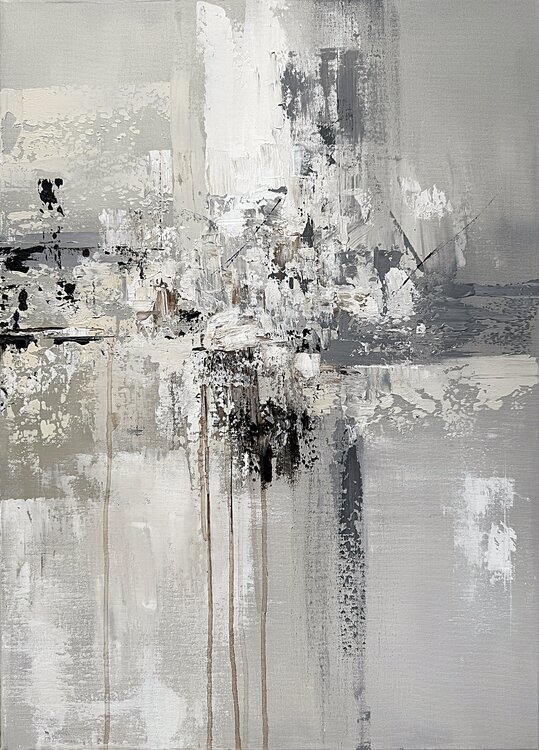 Neutral Abstract Painting in Light Grey, Beige and White – Modern Textured Tatiana Malinovscaia