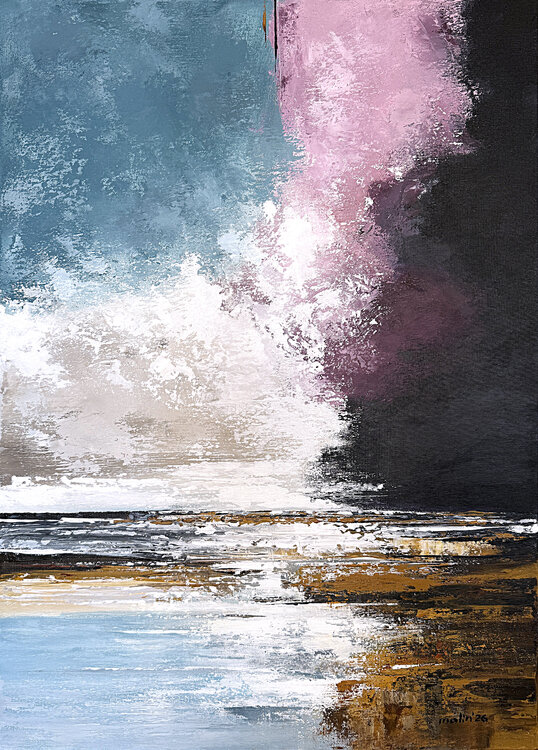 Violet Driftline – Blue Pink Abstract Landscape Textured Acrylic Painting on Canvas Tatiana Malinovscaia