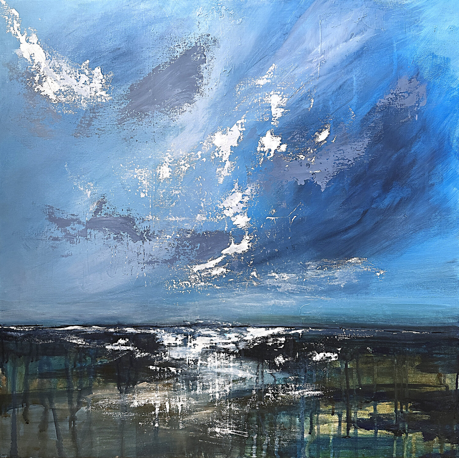 Serene Horizon. Blue Sky & Reflective Water Tatiana Malinovscaia Originalgemälde zu verkaufen