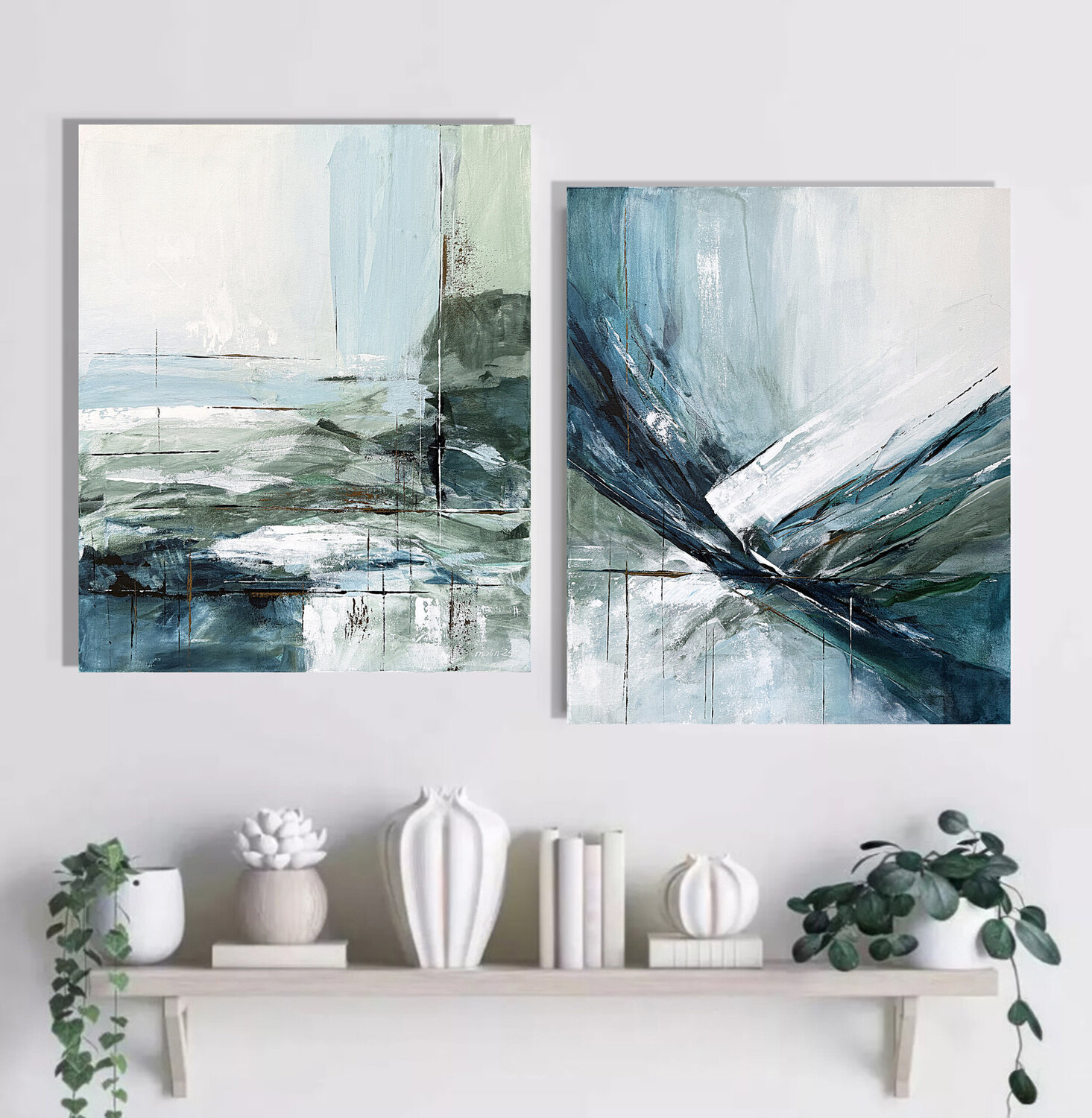 Oceanic Flow – Blue & Green Abstract Diptych Tatiana Malinovscaia Originalgemälde zu verkaufen