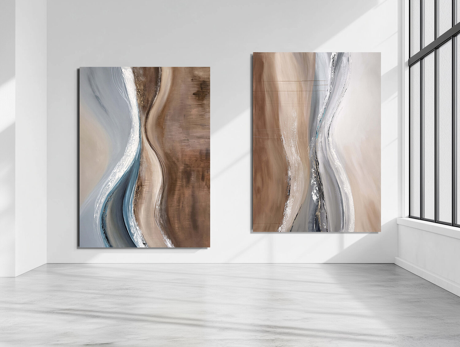 Parallel Currents – Large Abstract Diptych | Neutral Blue Textured Tatiana Malinovscaia
