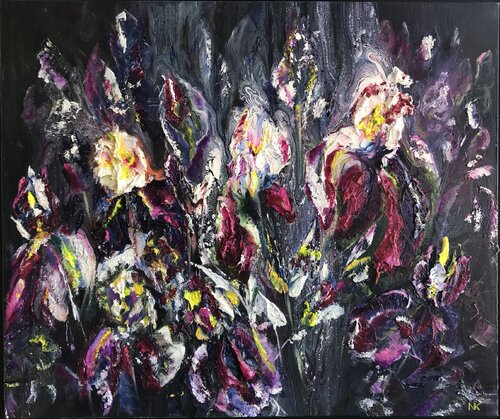 Burgundy Irises de Natalia Kutova, Pintura a la venta en Singulart