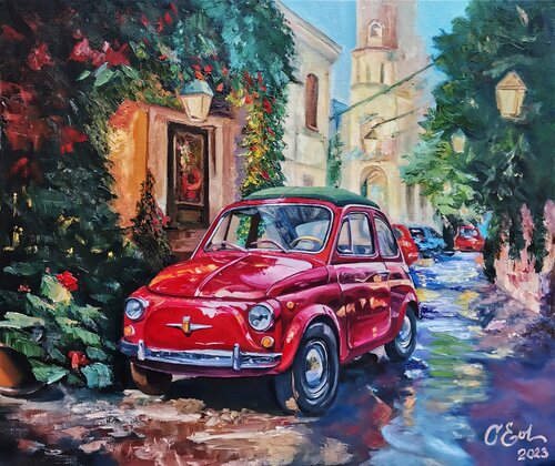 A Symphony of Passion: Embracing the Fiat 500 in Christmas Palermo di Oksana Siciliana, Pittura in vendita su Singulart