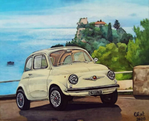 Fiat 500: the iconic Italian city car van Oksana Siciliana, Schilderij te koop op Singulart