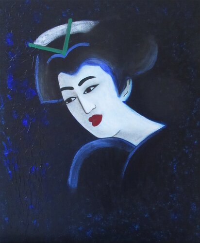 Femme japonaise sur fond bleu di Artiste H. E., Pittura in vendita su Singulart