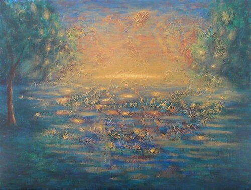 Coucher de soleil et arbres van Artiste H. E., Schilderij te koop op Singulart