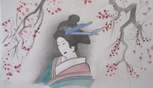 Femme japonaise et arbres en fleurs de Artiste H. E., Pintura a la venta en Singulart