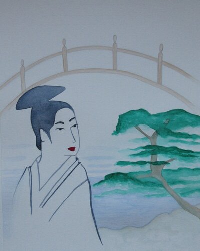 Femme japonaise avec pont et arbre di Artiste H. E., Opera su carta in vendita su Singulart