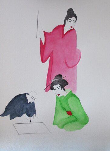 Enfant apprenant à peindre avec des femmes japonaises de Artiste H. E., Pintura a la venta en Singulart