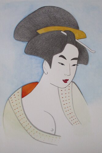 Femme japonaise sur fond bleu di Artiste H. E., Pittura in vendita su Singulart