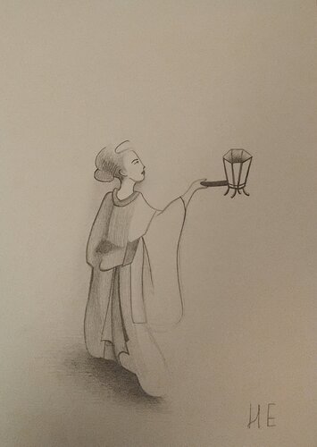 Femme asiatique avec une lampe von Artiste H. E., Zeichnungen kaufen auf Singulart