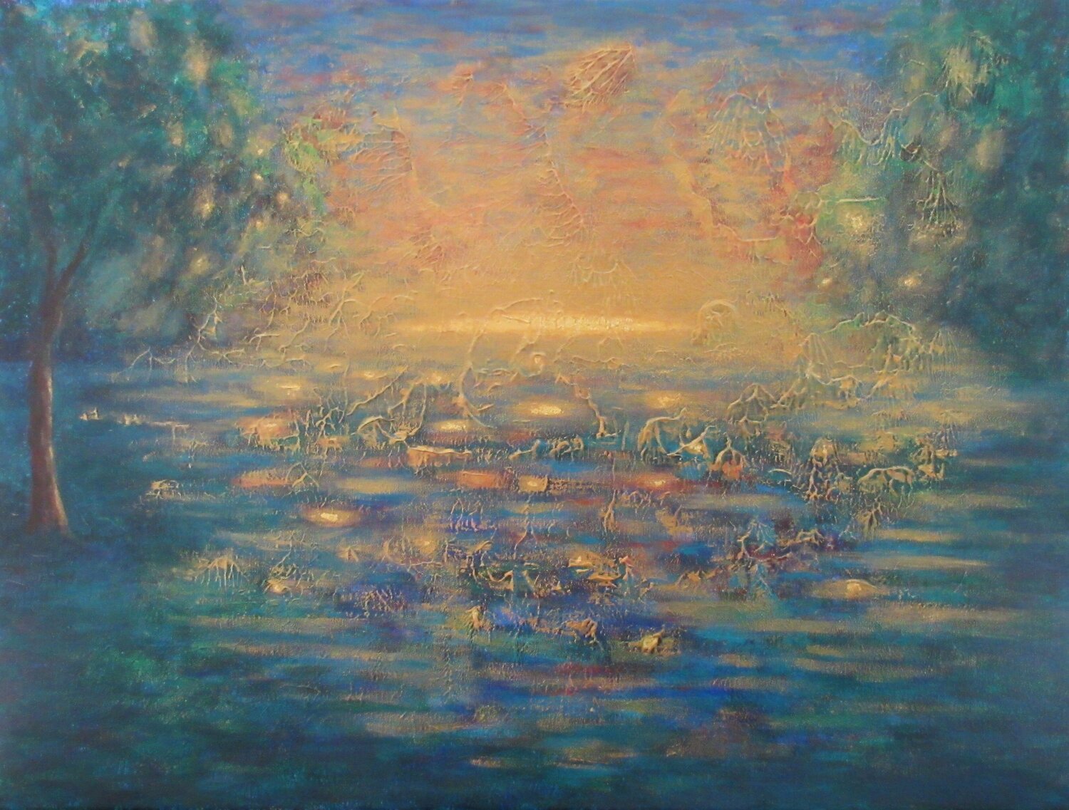 Coucher de soleil et arbres Artiste H. E.