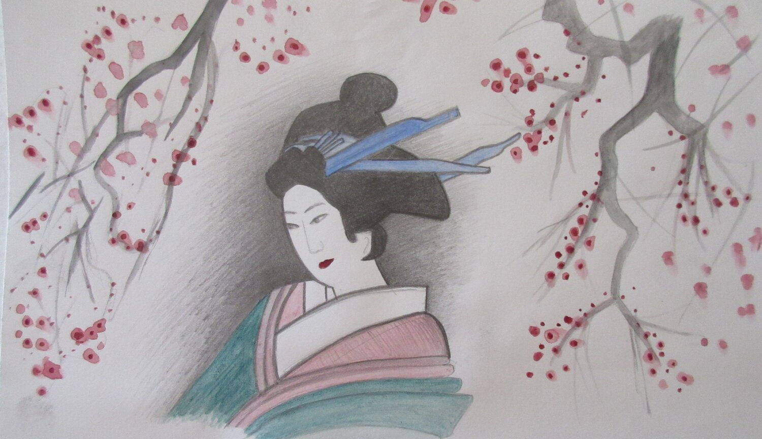 Femme japonaise et arbres en fleurs Artiste H. E. Originalgemälde zu verkaufen