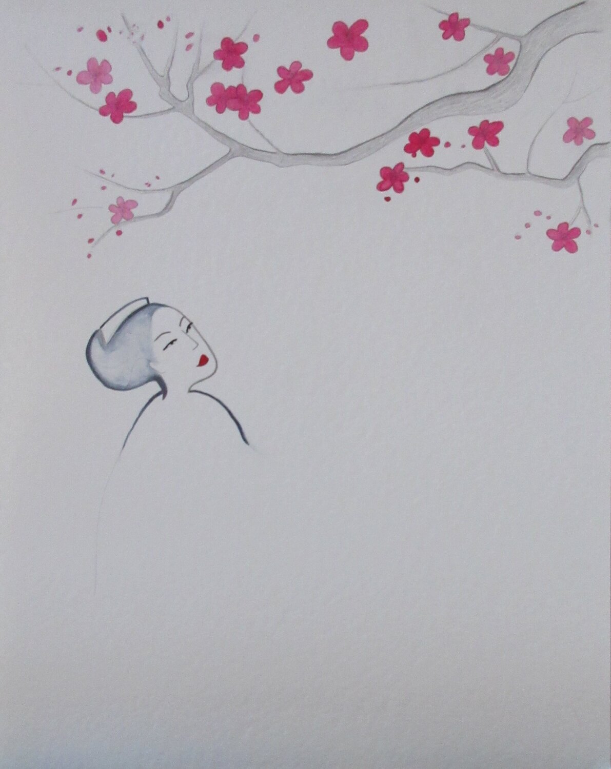 Femme japonaise aux fleurs - Artiste H. E. - Aquarelle sur Papier, image size:1191x1500