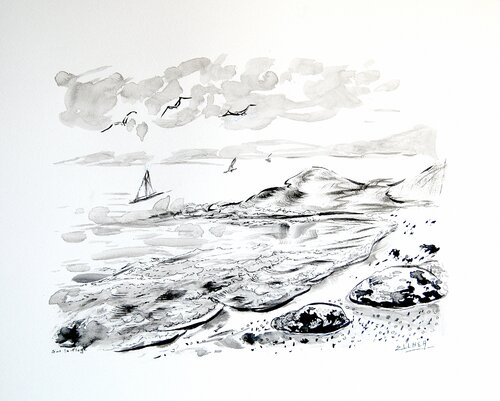 Sur la Plage - encre noire di Marie-Claude ELLHËA, Disegno in vendita su Singulart