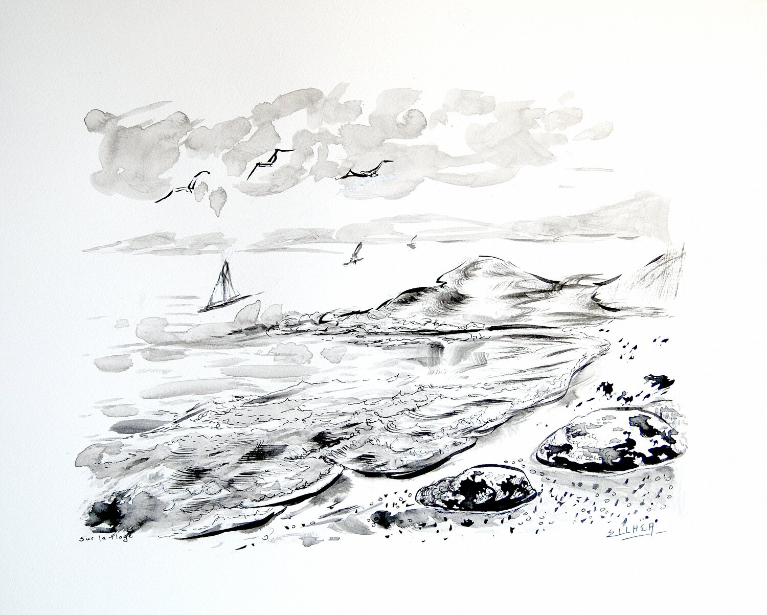 Sur la Plage - encre noire Marie-Claude ELLHËA Zeichnungen zu verkaufen
