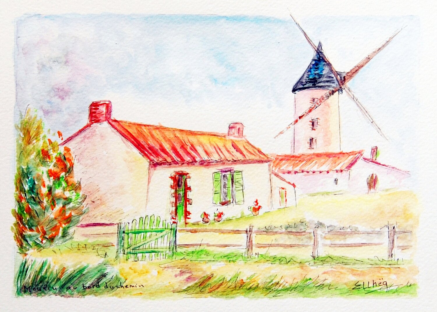 Moulin au bord du chemin Marie-Claude ELLHËA Œuvre sur papier à vendre